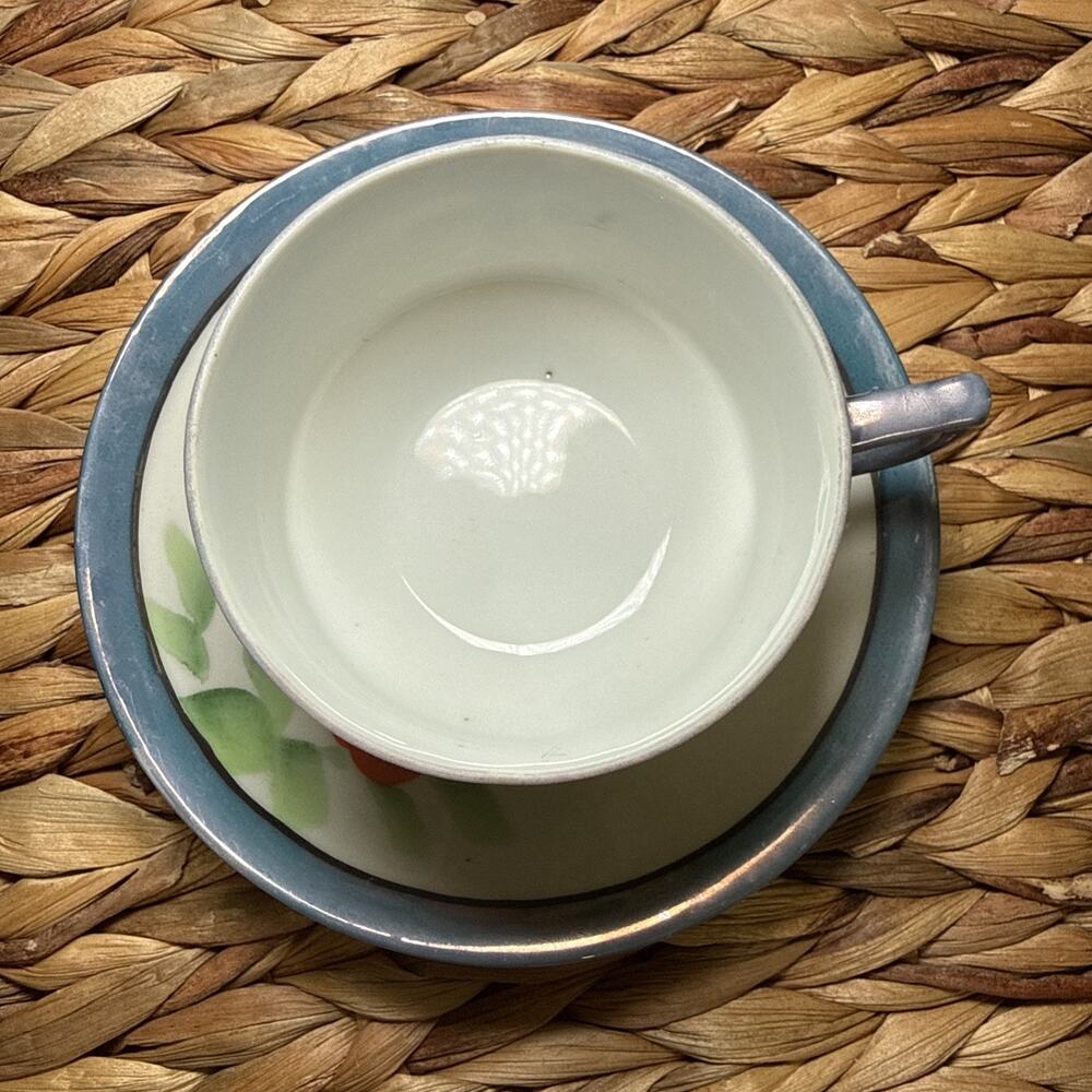 Japanese Lusterware Teacup & Saucer Set Handpainted Blue w/ Flowers Vintage - Picture 2 of 12